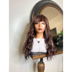 16. SHY | BROWN WITH HIGHLIGHTS BANG BODY WAVE FULL CAP WIG